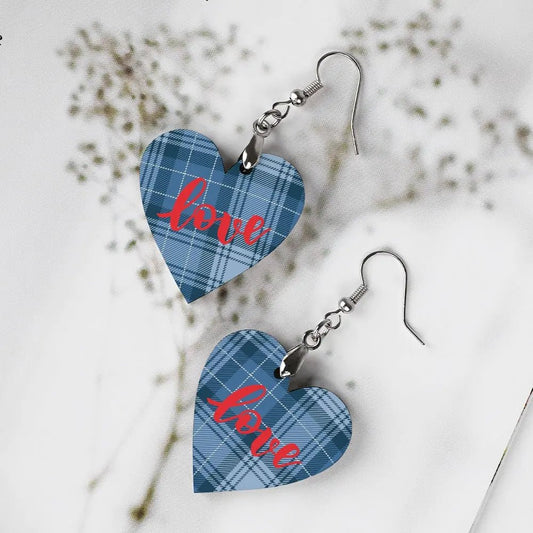 Tartan Wooden Heart Love Earring - Piryoung Shop