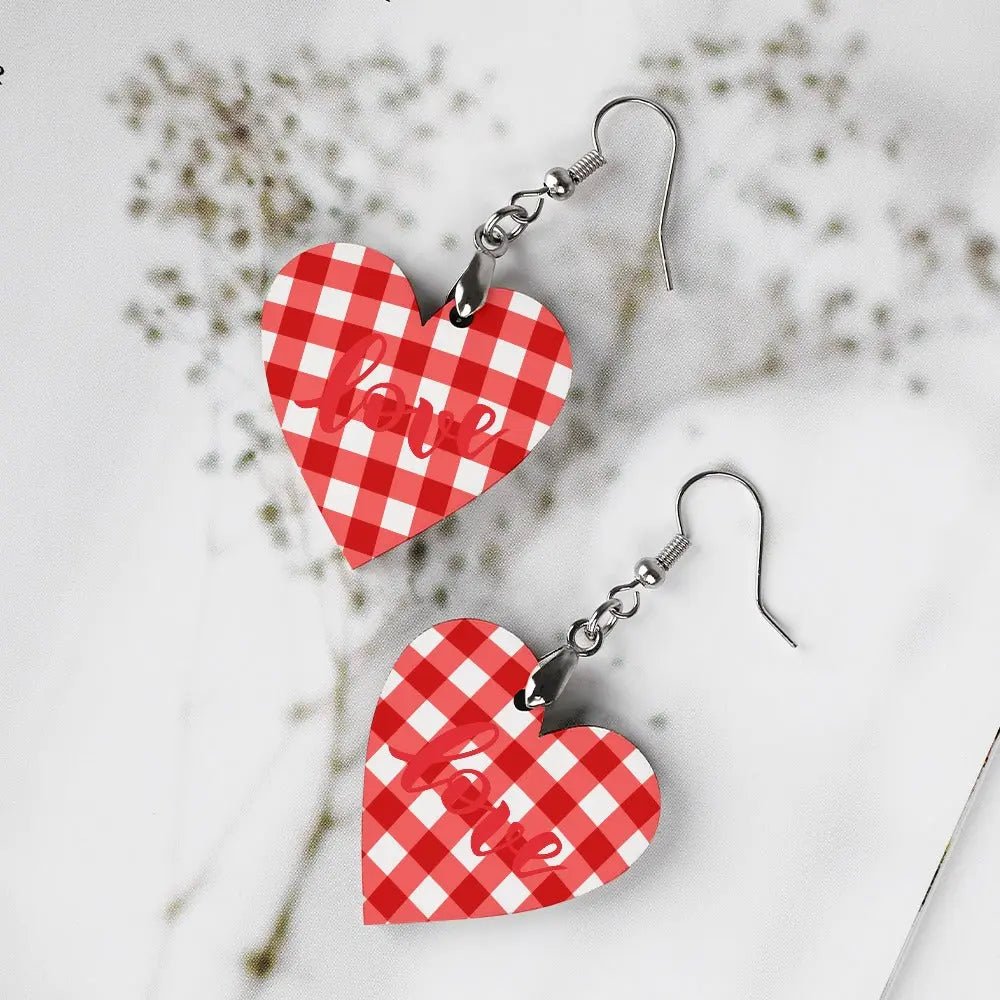 Tartan Wooden Heart Love Earring - Piryoung Shop
