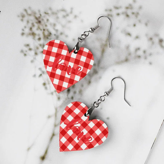 Tartan Wooden Heart Love Earring - Piryoung Shop