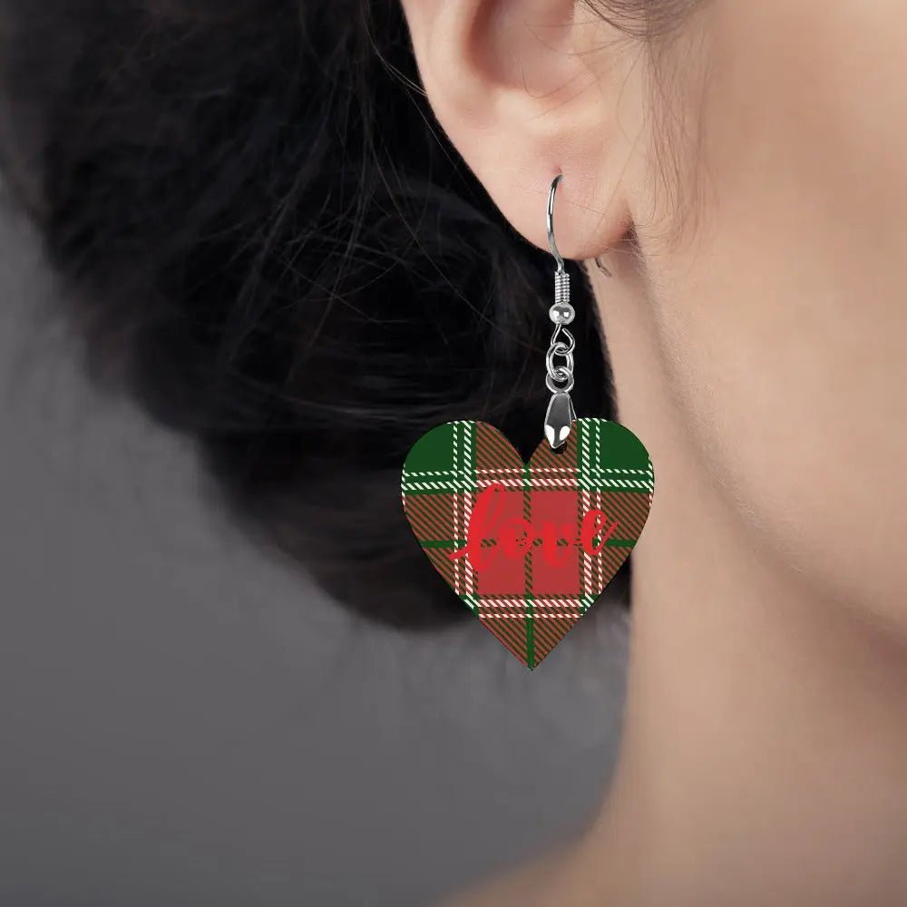 Tartan Wooden Heart Love Earring - Piryoung Shop