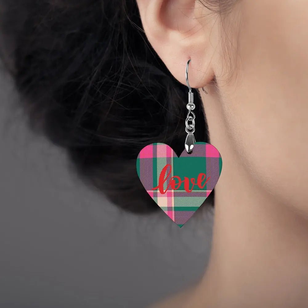 Tartan Wooden Heart Love Earring - Piryoung Shop