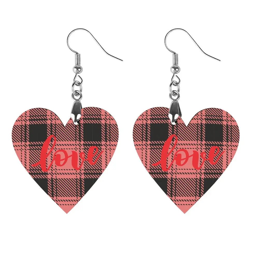 Tartan Wooden Heart Love Earring - Piryoung Shop