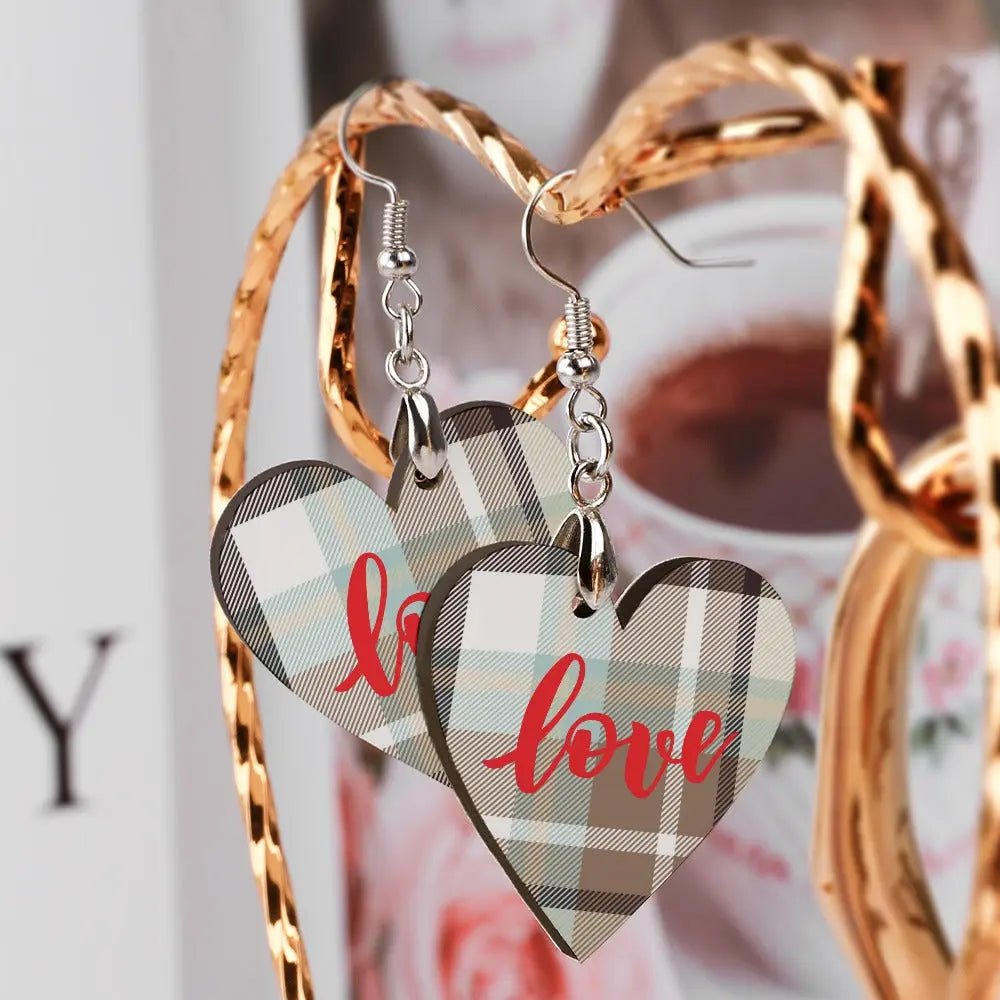 Tartan Wooden Heart Love Earring - Piryoung Shop