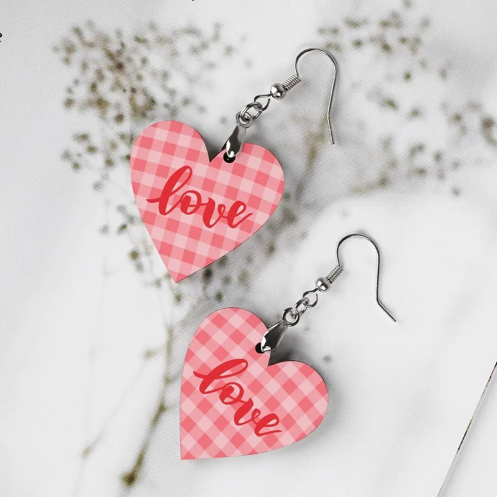Tartan Wooden Heart Love Earring - Piryoung Shop