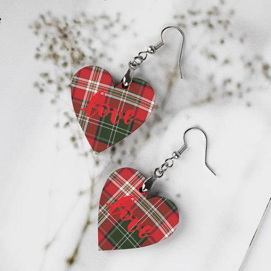 Tartan Wooden Heart Love Earring - Piryoung Shop