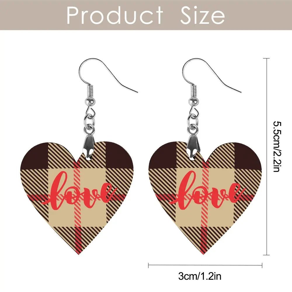Tartan Wooden Heart Love Earring - Piryoung Shop