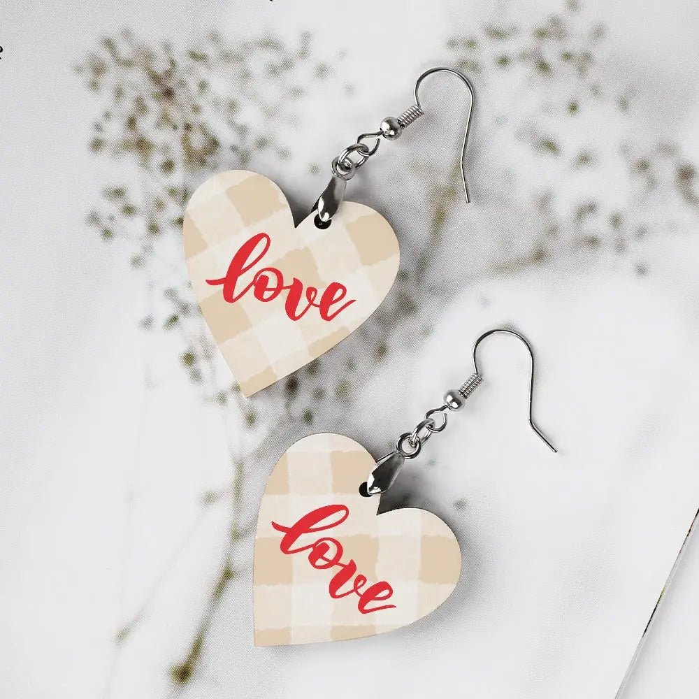 Tartan Wooden Heart Love Earring - Piryoung Shop