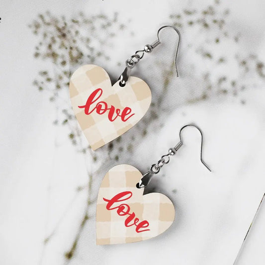 Tartan Wooden Heart Love Earring - Piryoung Shop