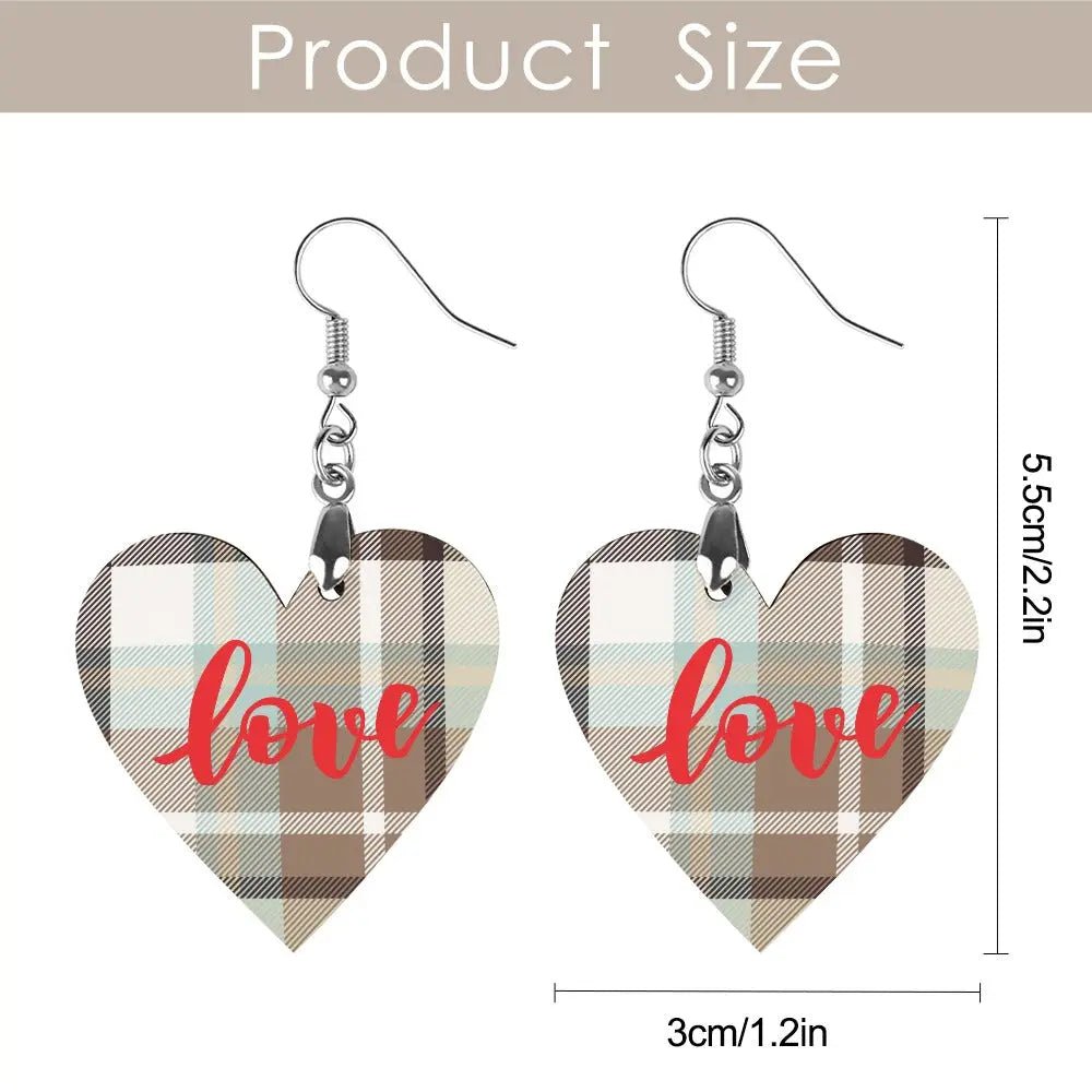 Tartan Wooden Heart Love Earring - Piryoung Shop