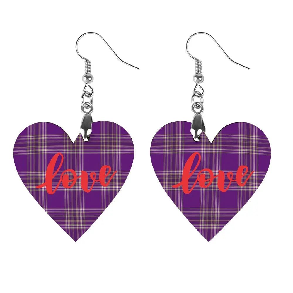 Tartan Wooden Heart Love Earring - Piryoung Shop