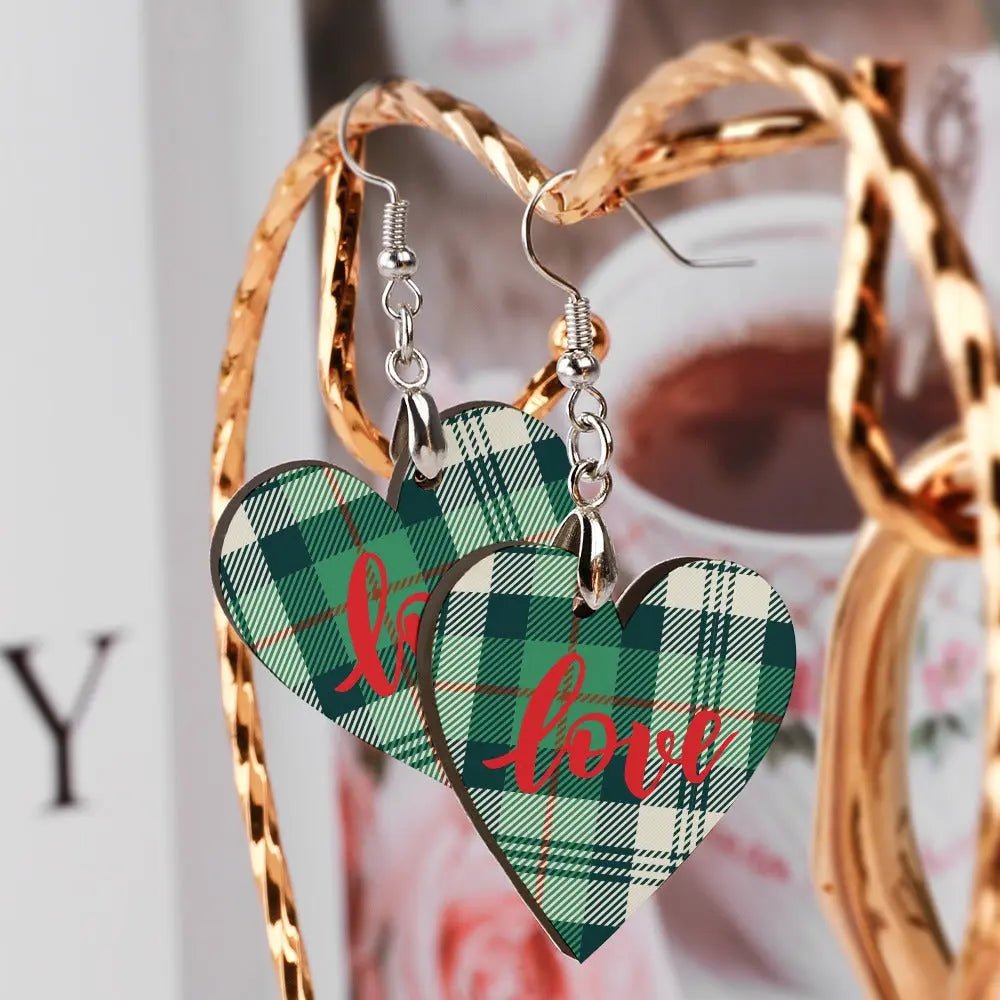 Tartan Wooden Heart Love Earring - Piryoung Shop