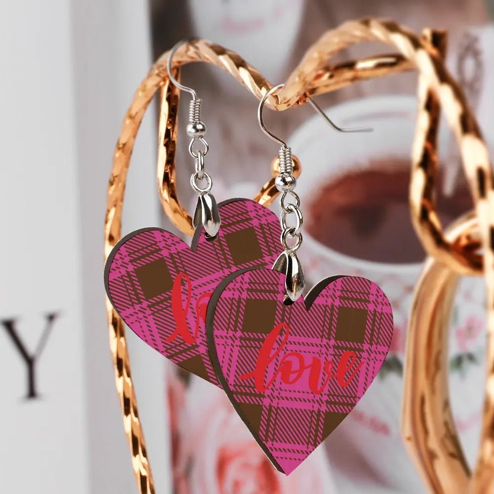 Tartan Wooden Heart Love Earring - Piryoung Shop