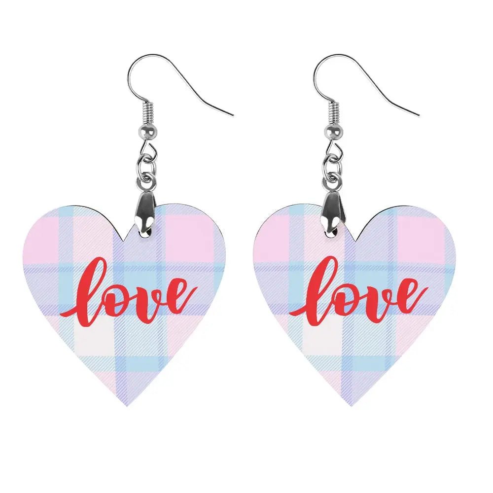 Tartan Wooden Heart Love Earring - Piryoung Shop