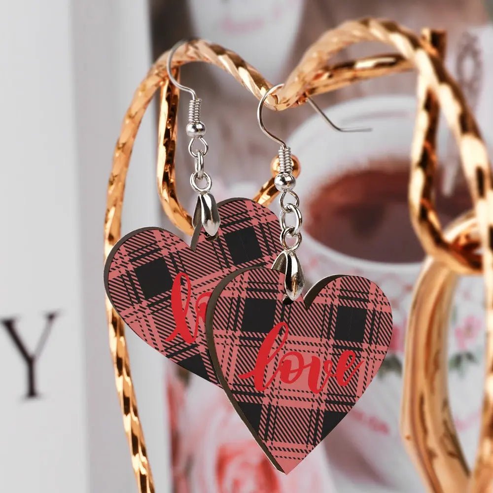 Tartan Wooden Heart Love Earring - Piryoung Shop
