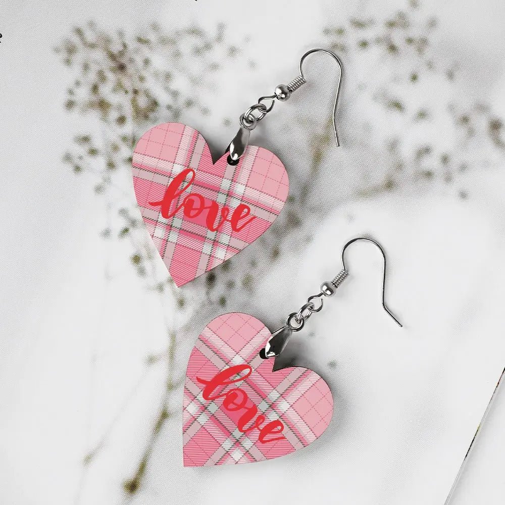 Tartan Wooden Heart Love Earring - Piryoung Shop