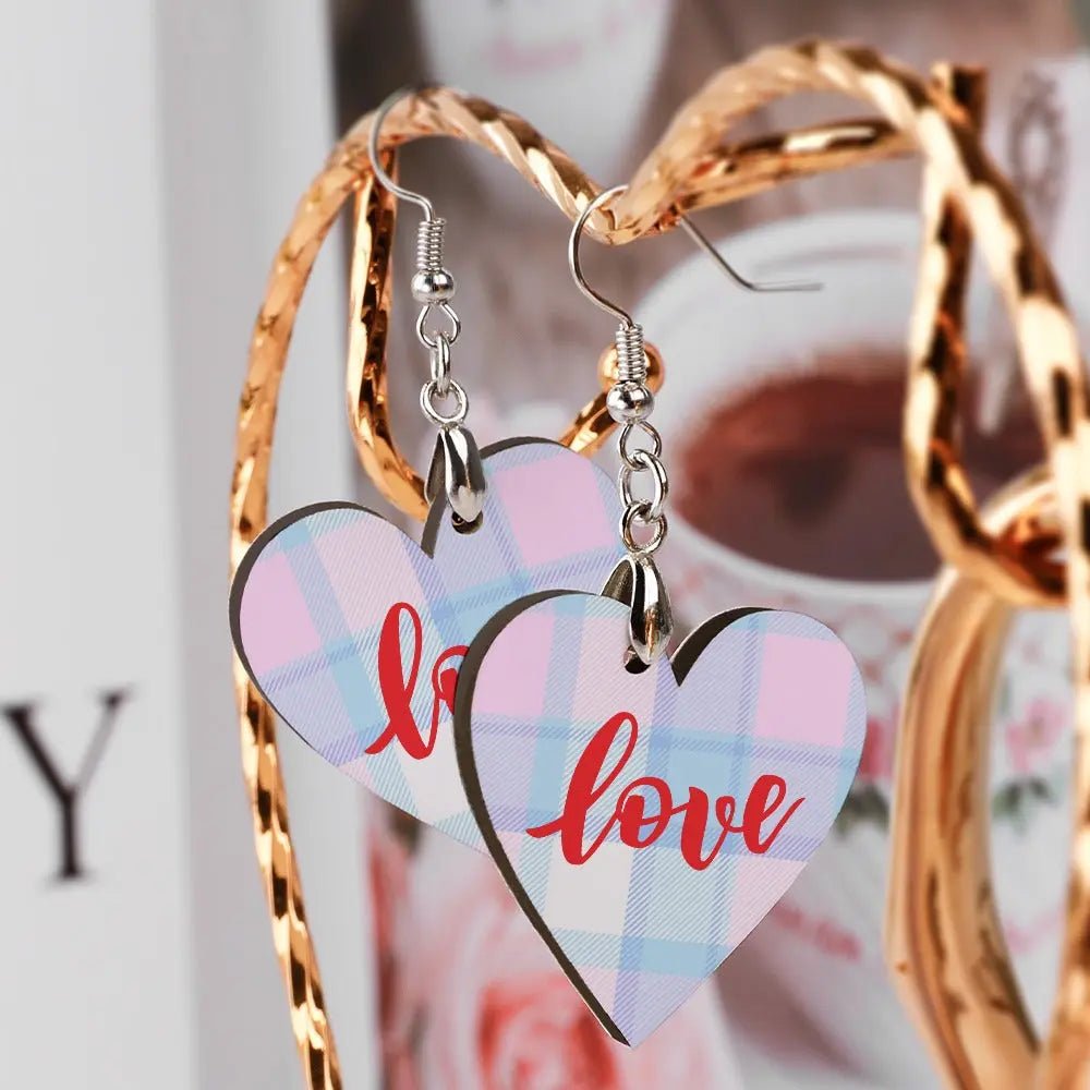 Tartan Wooden Heart Love Earring - Piryoung Shop