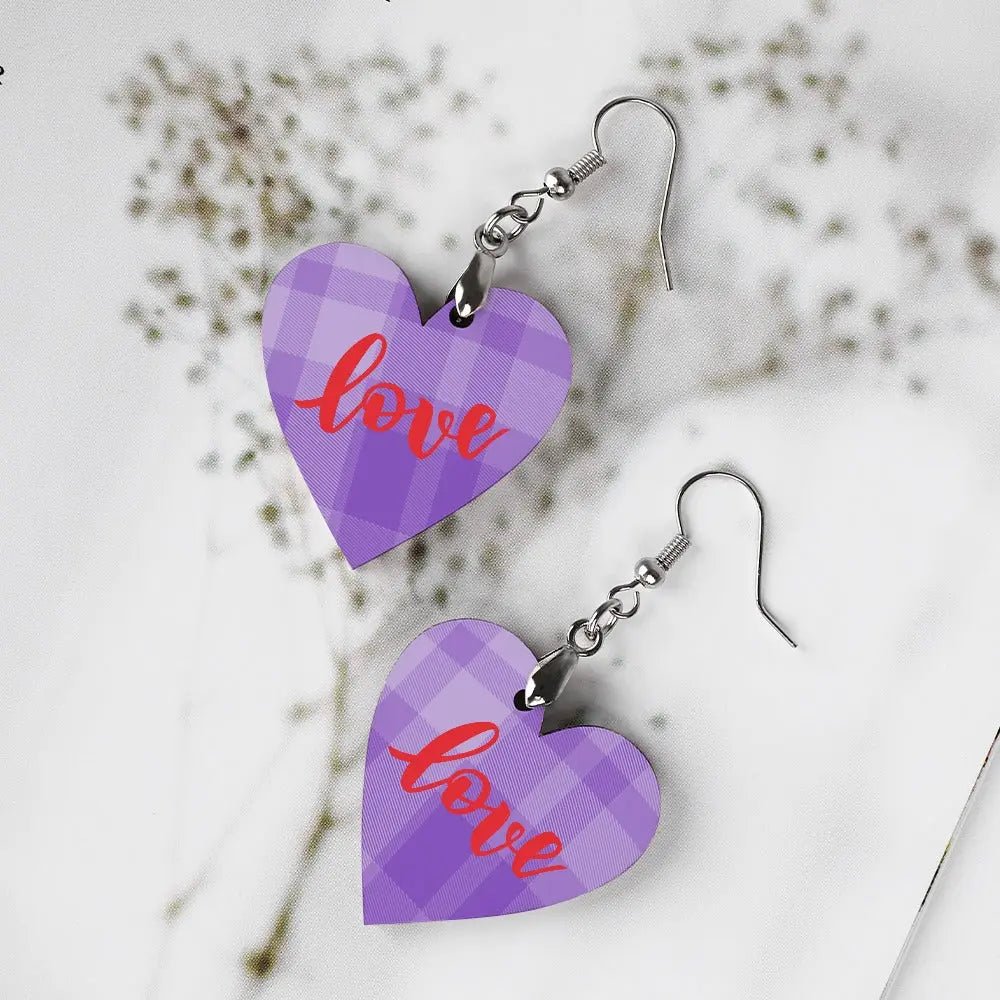 Tartan Wooden Heart Love Earring - Piryoung Shop