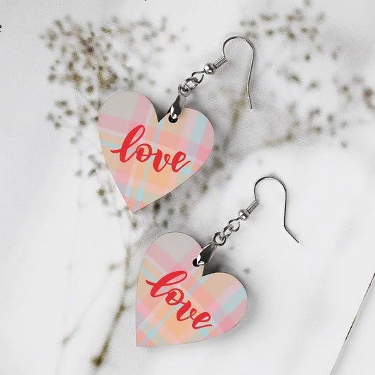Tartan Wooden Heart Love Earring - Piryoung Shop