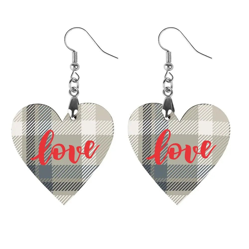 Tartan Wooden Heart Love Earring - Piryoung Shop