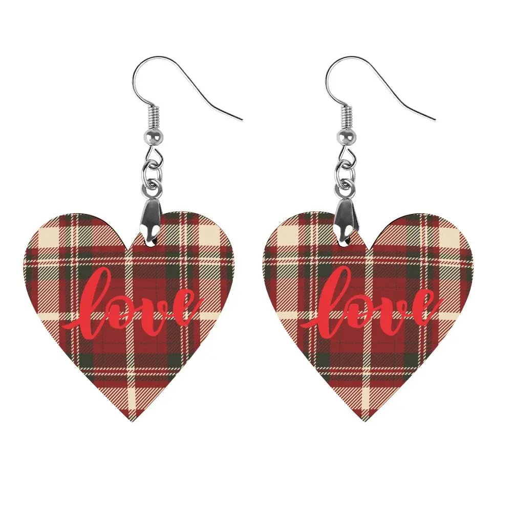 Tartan Wooden Heart Love Earring - Piryoung Shop