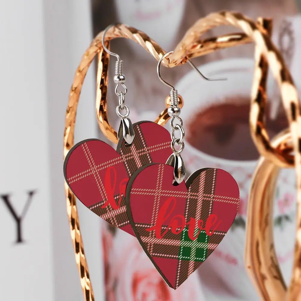 Tartan Wooden Heart Love Earring - Piryoung Shop