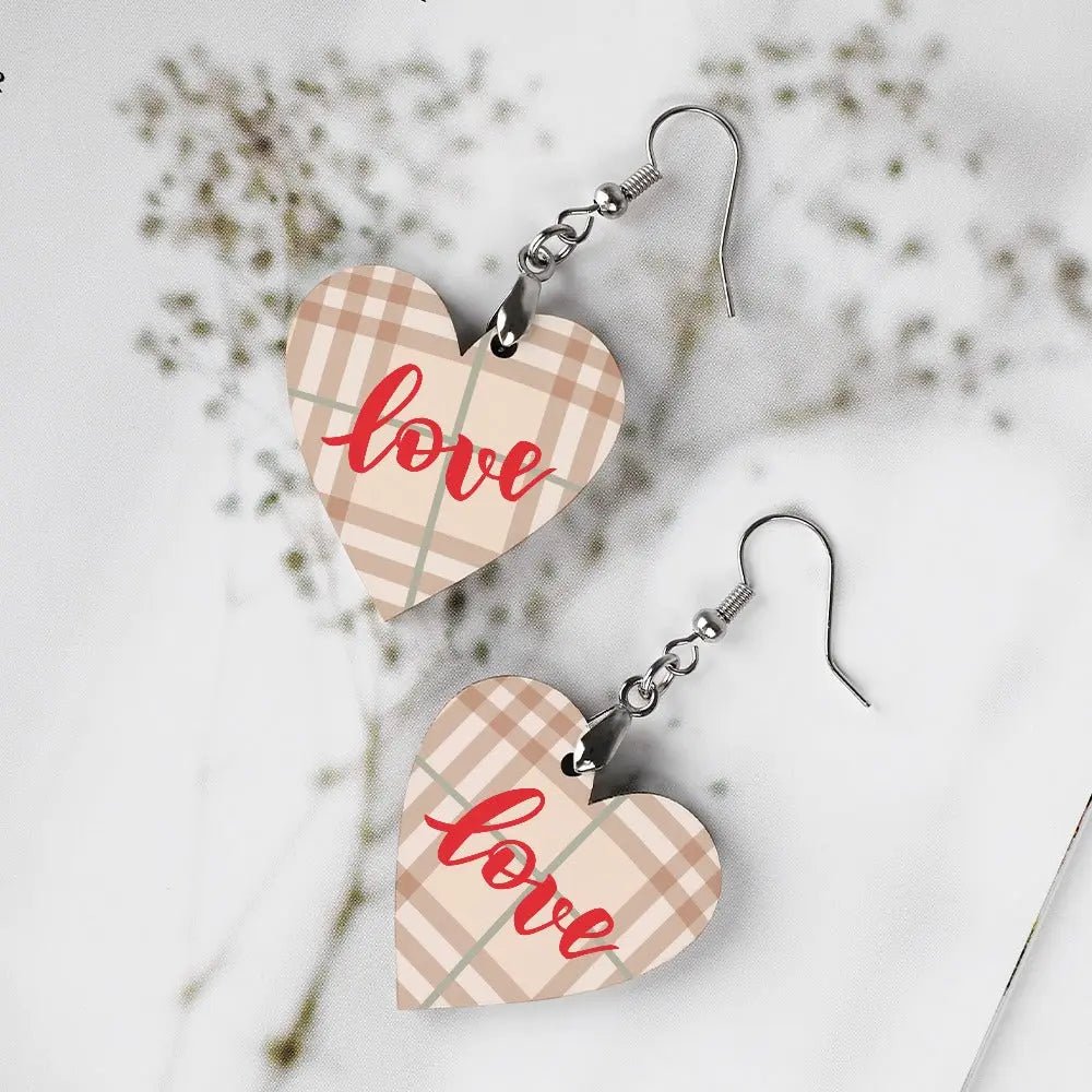 Tartan Wooden Heart Love Earring - Piryoung Shop