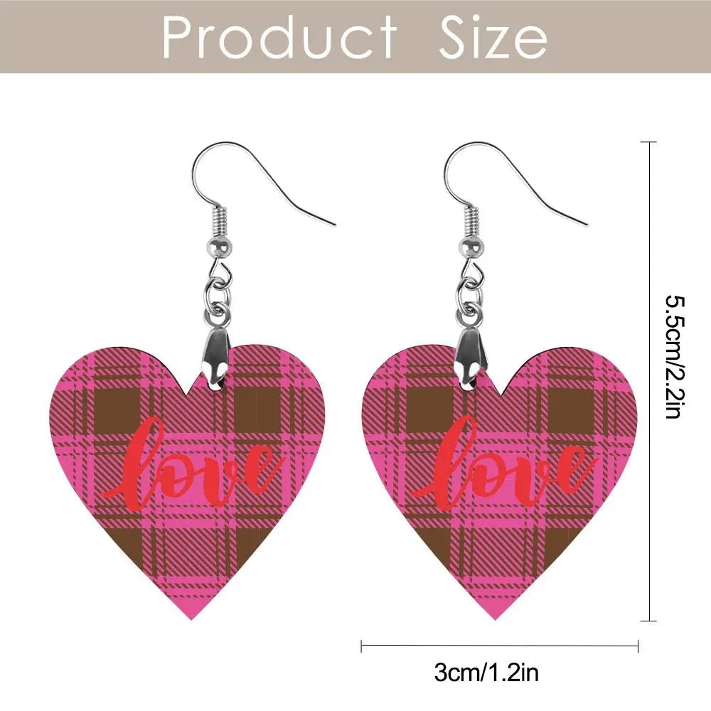 Tartan Wooden Heart Love Earring - Piryoung Shop