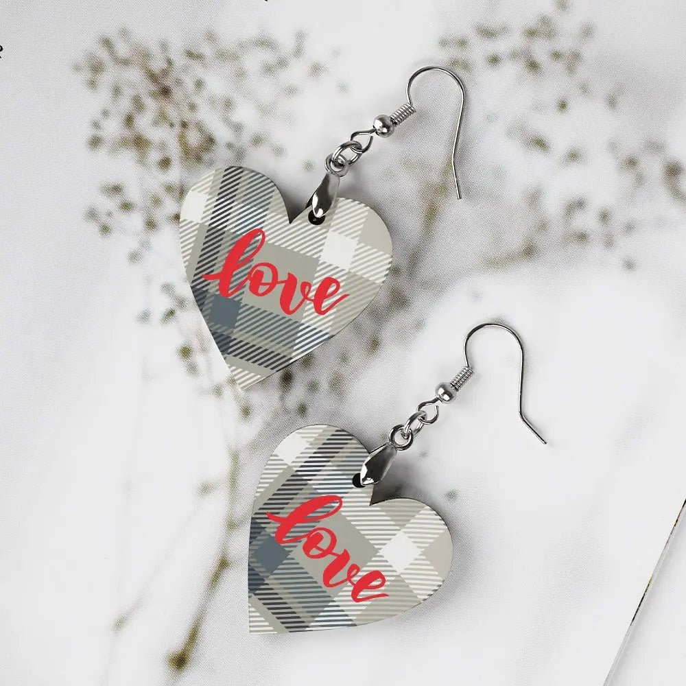 Tartan Wooden Heart Love Earring - Piryoung Shop
