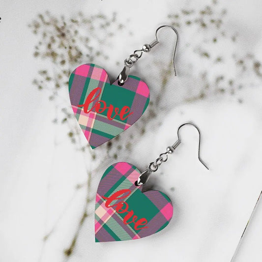 Tartan Wooden Heart Love Earring - Piryoung Shop