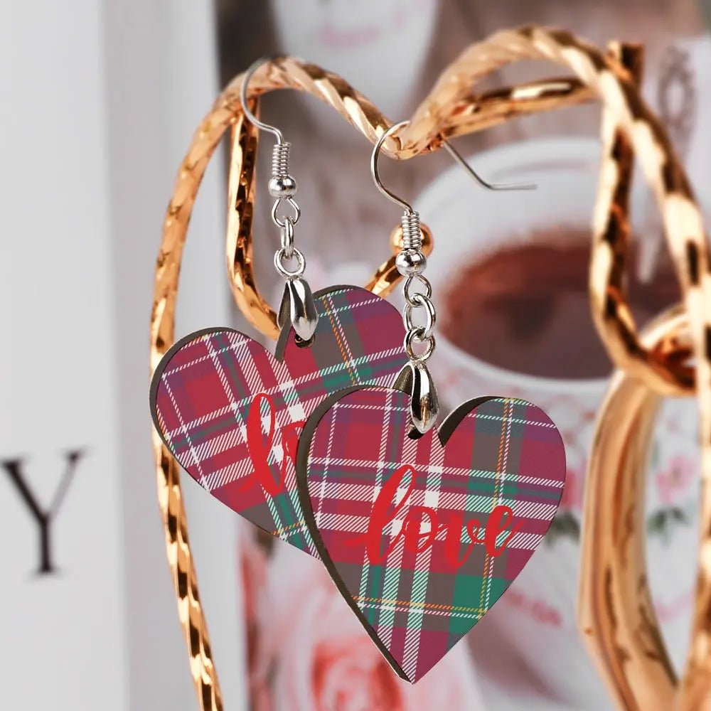 Tartan Wooden Heart Love Earring - Piryoung Shop