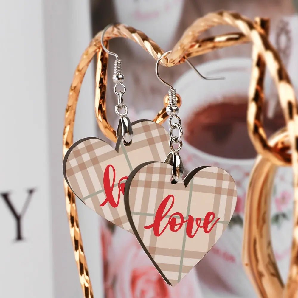 Tartan Wooden Heart Love Earring - Piryoung Shop