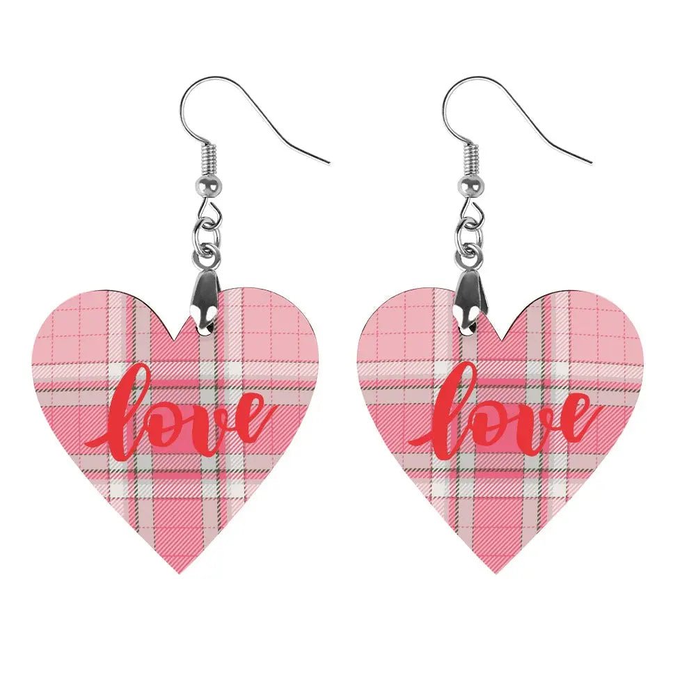 Tartan Wooden Heart Love Earring - Piryoung Shop