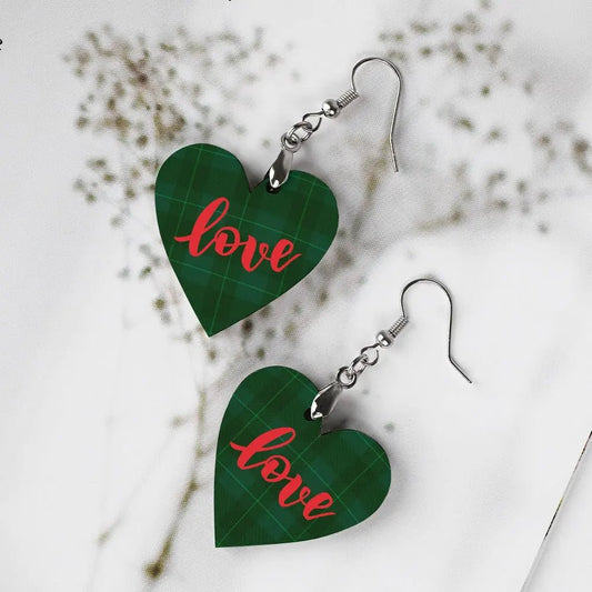 Tartan Wooden Heart Love Earring - Piryoung Shop