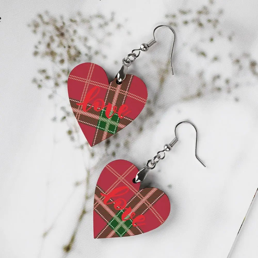 Tartan Wooden Heart Love Earring - Piryoung Shop