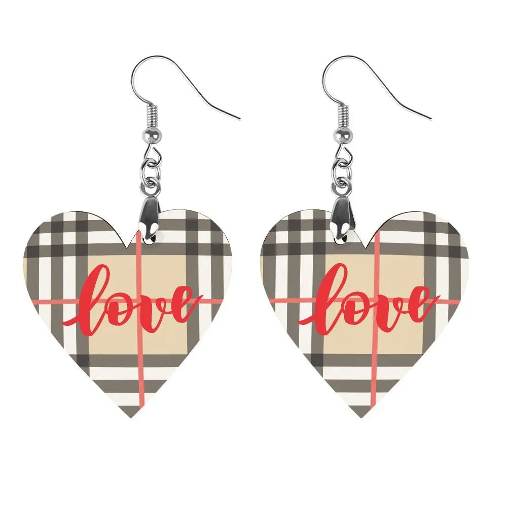 Tartan Wooden Heart Love Earring - Piryoung Shop