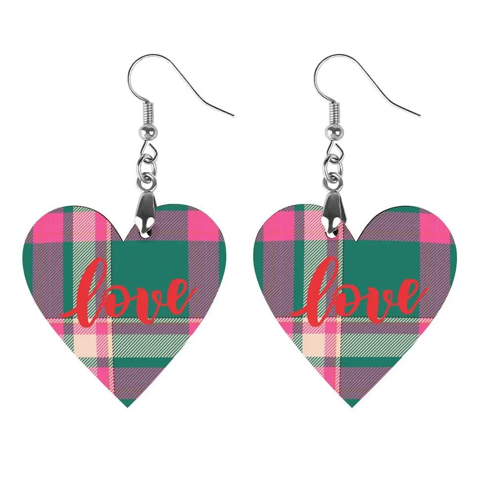 Tartan Wooden Heart Love Earring - Piryoung Shop