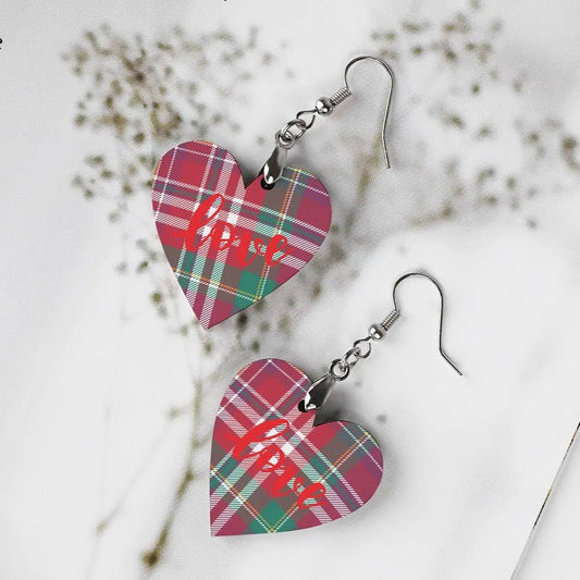 Tartan Wooden Heart Love Earring - Piryoung Shop