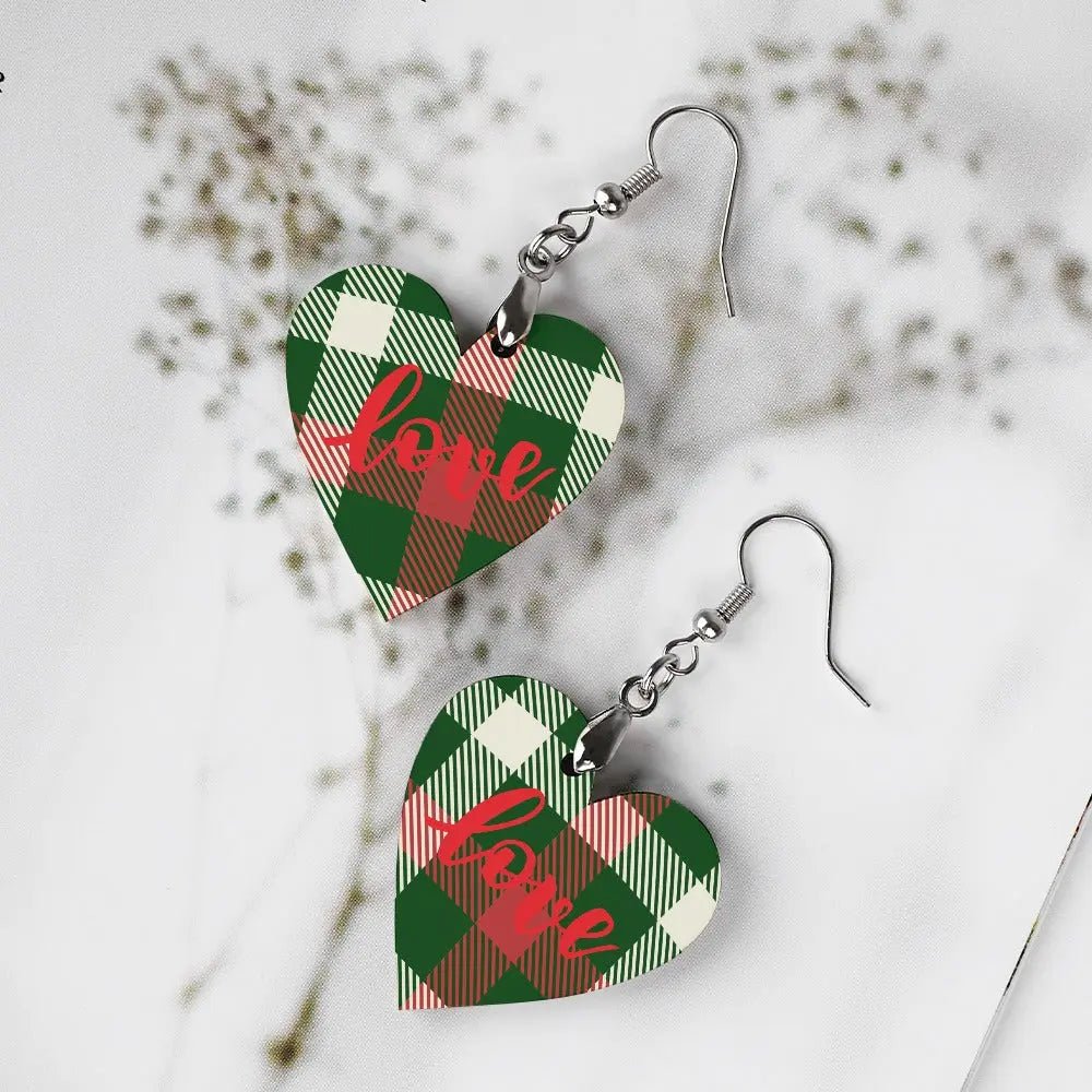 Tartan Wooden Heart Love Earring - Piryoung Shop