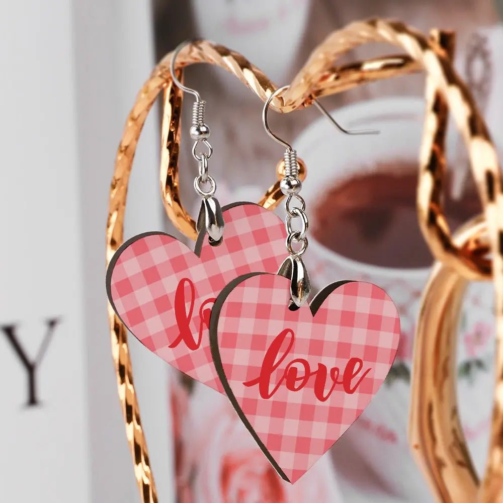 Tartan Wooden Heart Love Earring - Piryoung Shop