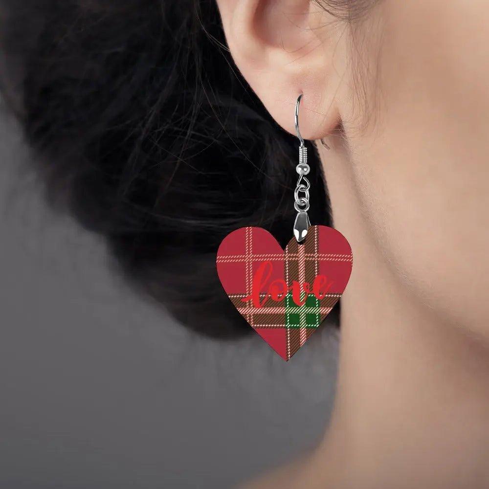 Tartan Wooden Heart Love Earring - Piryoung Shop