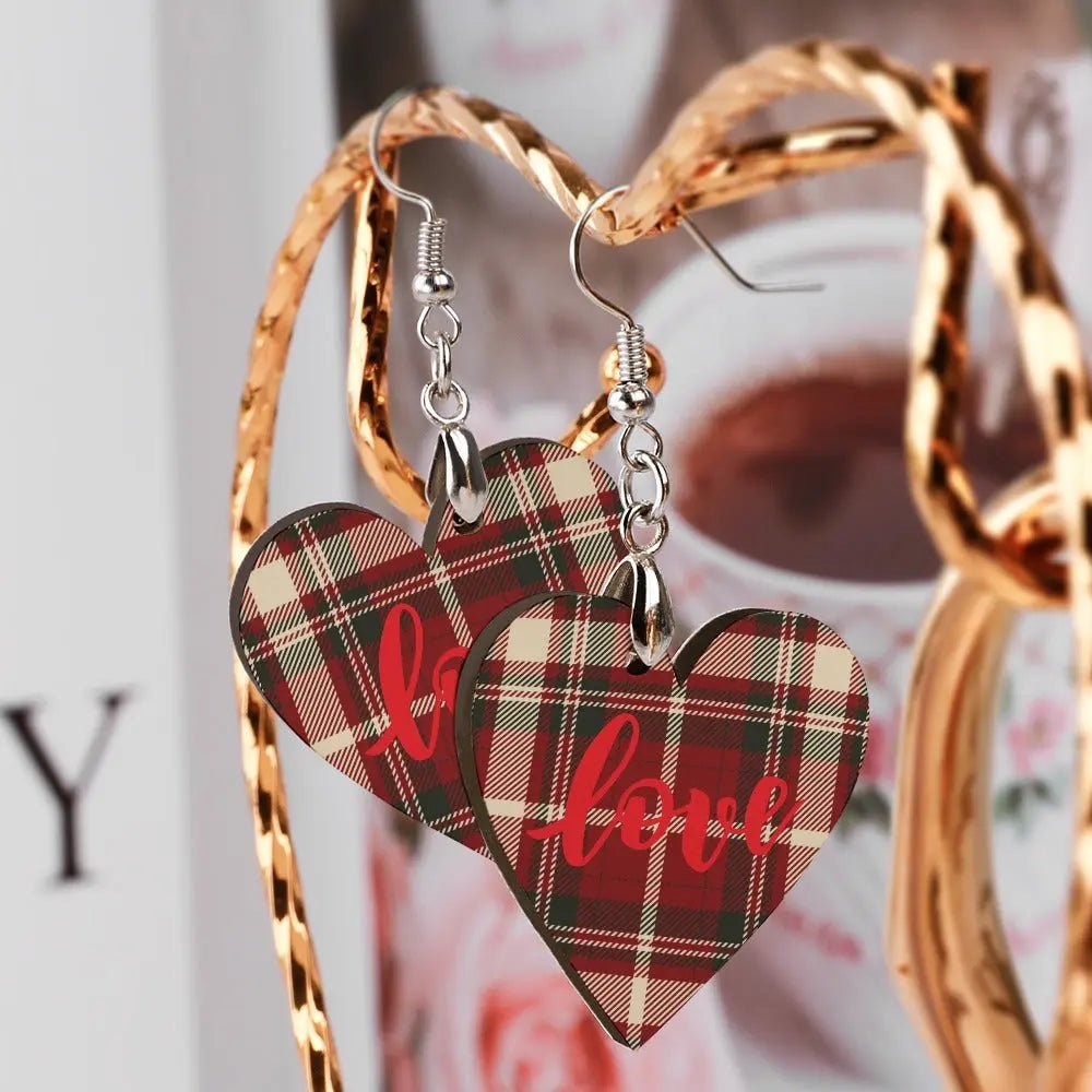 Tartan Wooden Heart Love Earring - Piryoung Shop