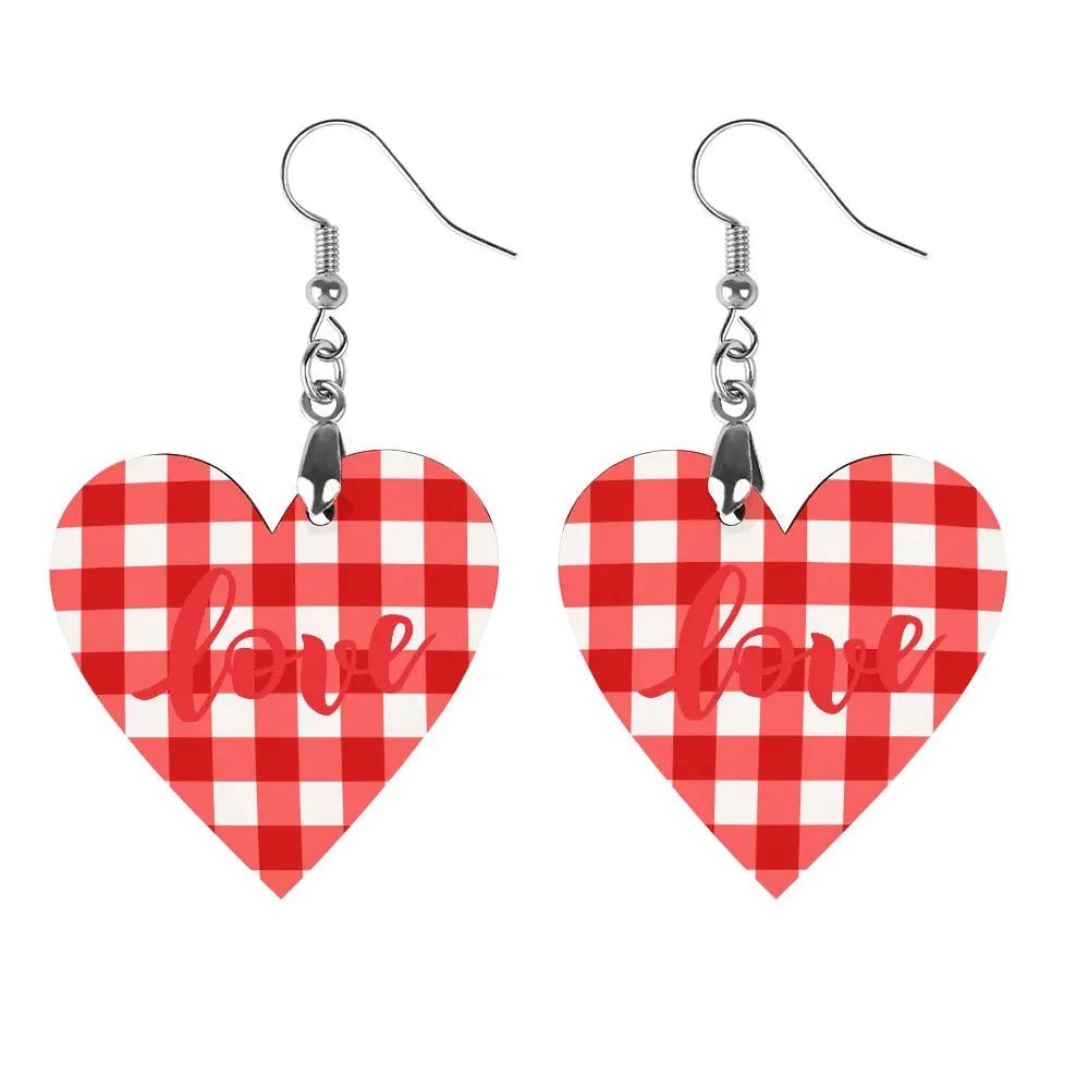 Tartan Wooden Heart Love Earring - Piryoung Shop