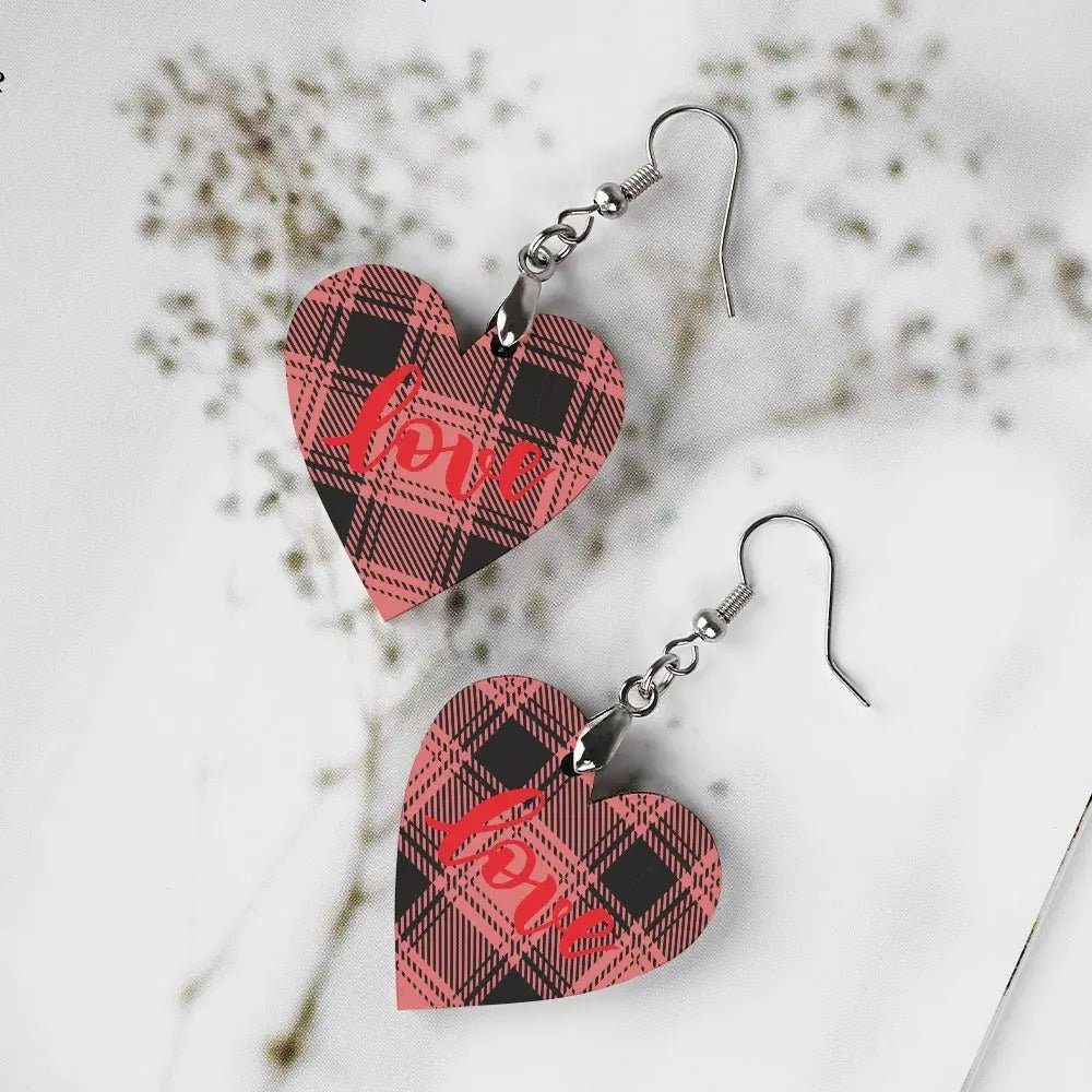 Tartan Wooden Heart Love Earring - Piryoung Shop