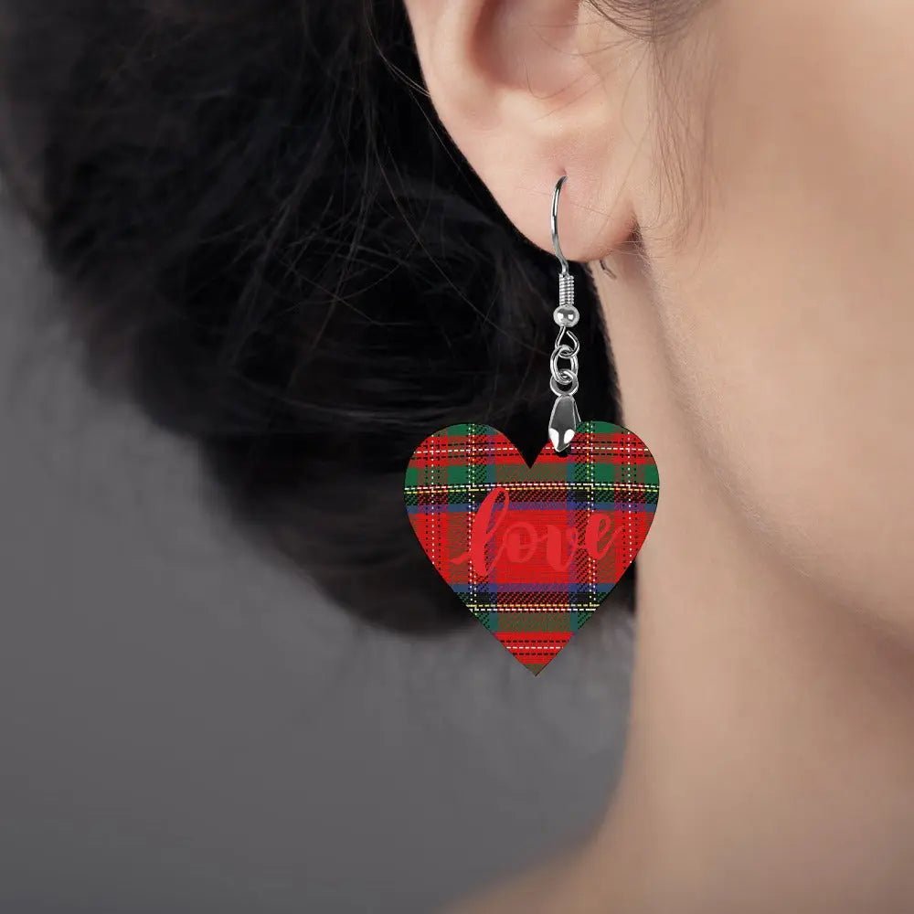 Tartan Wooden Heart Love Earring - Piryoung Shop