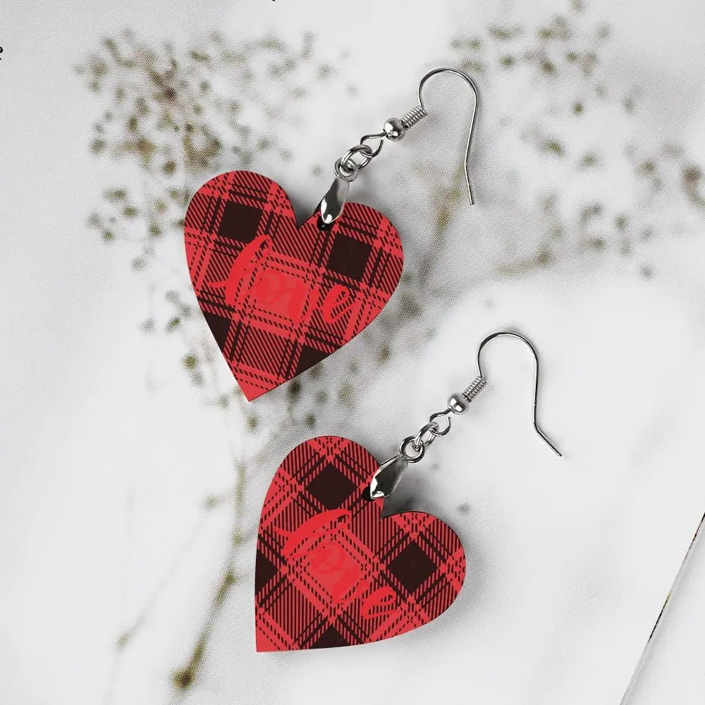 Tartan Wooden Heart Love Earring - Piryoung Shop