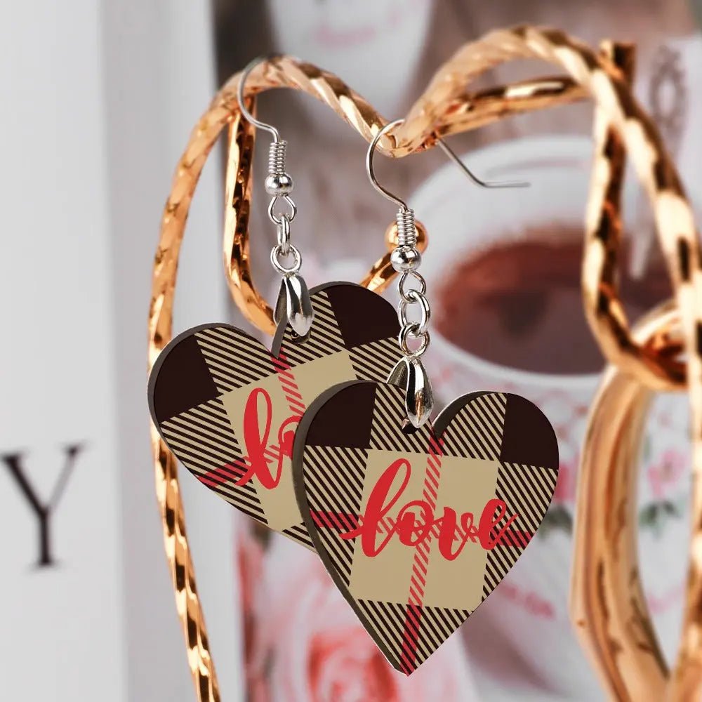Tartan Wooden Heart Love Earring - Piryoung Shop