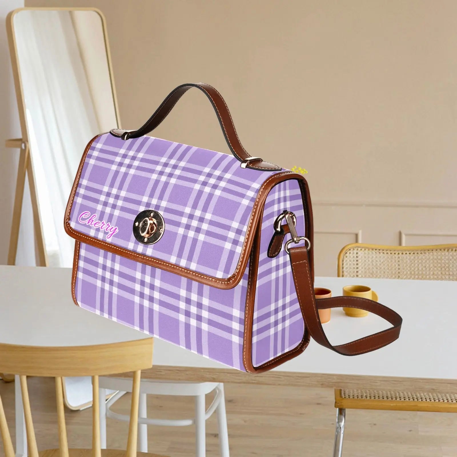 Waterproof personalized bag Canvas Shoulder Strap Bag Light Purple - Piryoung Shop