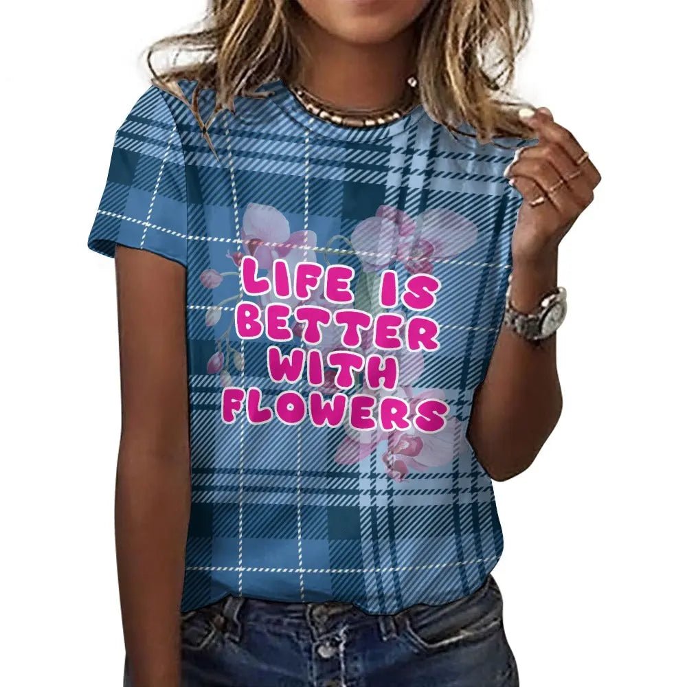 Women's Cotton Tartan Blue T-Shirt with Flower Design - Piryoung Shop