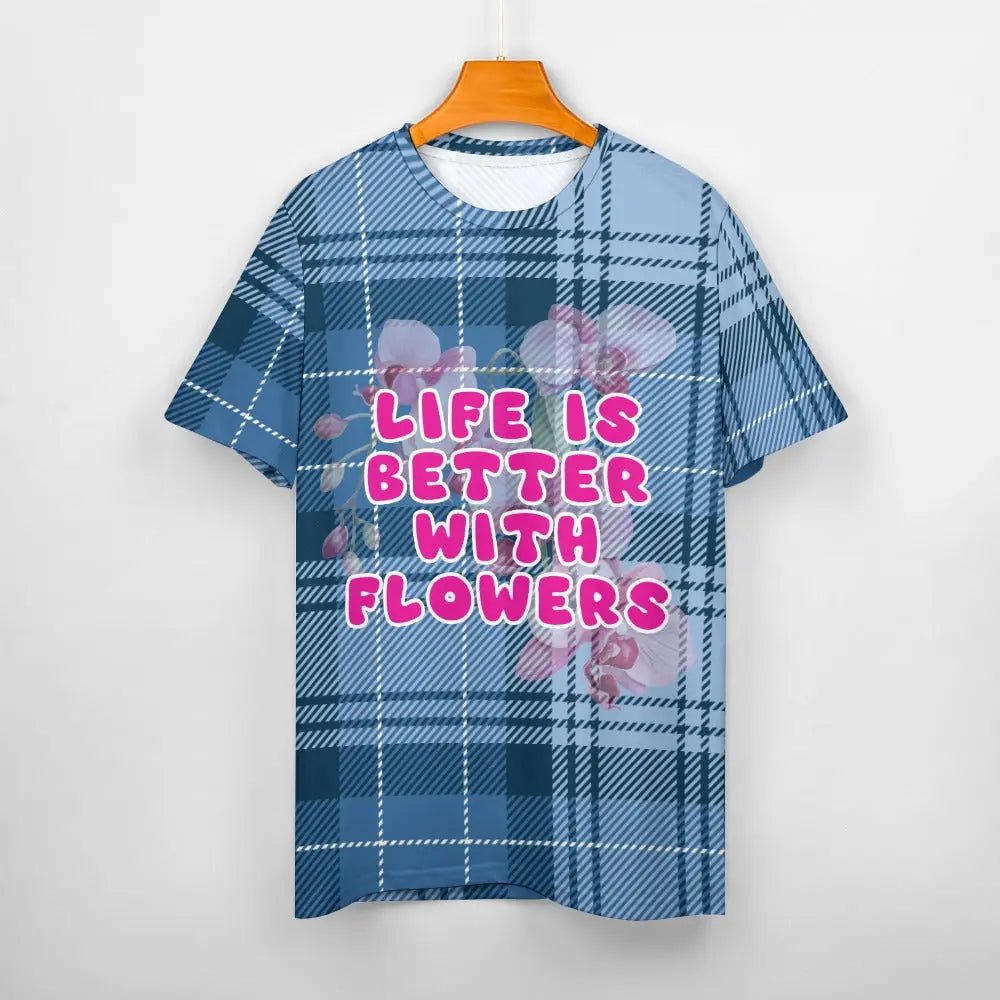 Women's Cotton Tartan Blue T-Shirt with Flower Design - Piryoung Shop