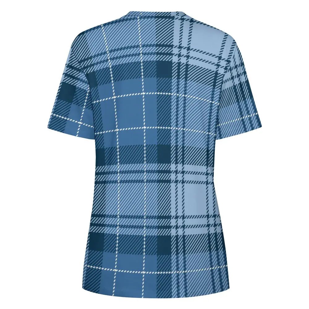 Women's Cotton Tartan Blue T-Shirt with Flower Design - Piryoung Shop